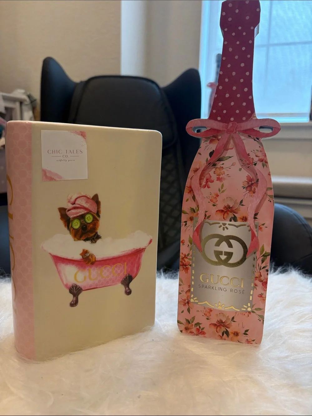 New Gucci Yorkie Ceramic Vase & Wood Sparkling Champagne bottle Home Decor Set